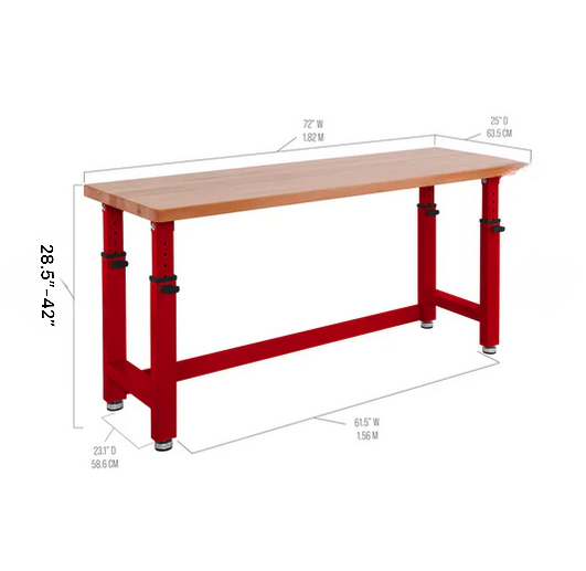Seville Classics® UltraHD® Height Adjustable Heavy Duty Workbench With Solid Wood Top, 72" W x 25" D