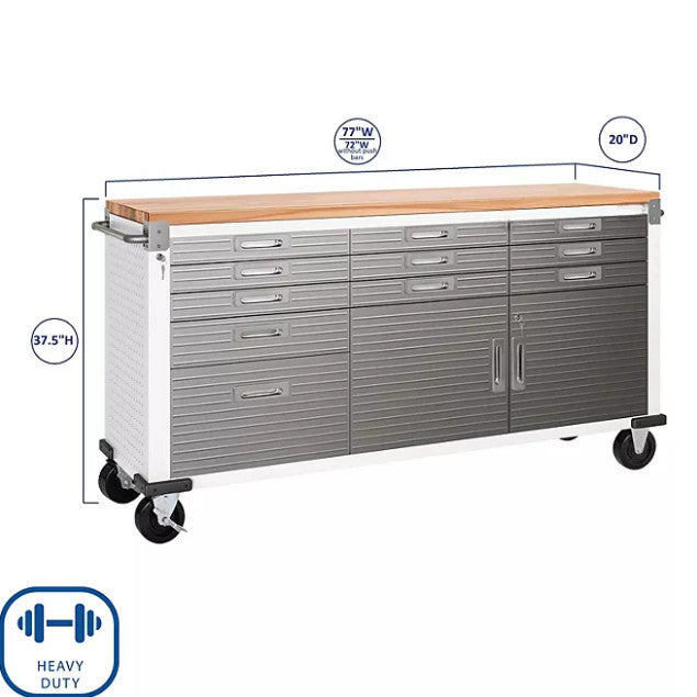 Seville Classics® UltraHD® 11-Drawer Rolling Workbench, 77" W x 20" D x 37.5" H