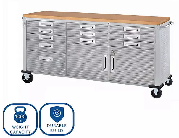 Seville Classics® UltraHD® 11-Drawer Rolling Workbench, 77" W x 20" D x 37.5" H