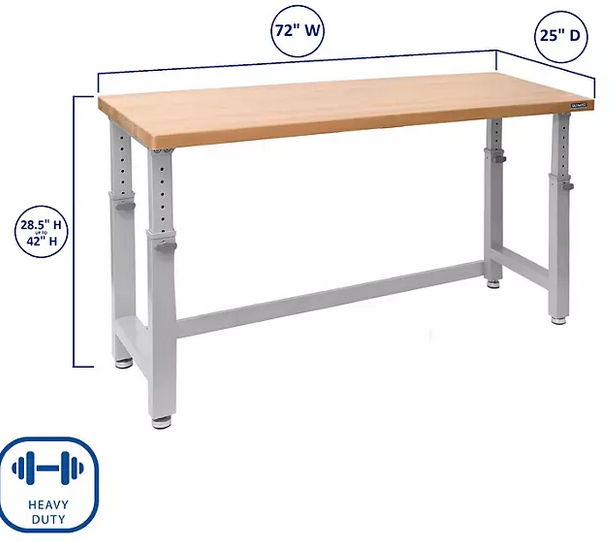 Seville Classics® UltraHD® Height Adjustable Heavy Duty Workbench With Solid Wood Top, 72" W x 25" D